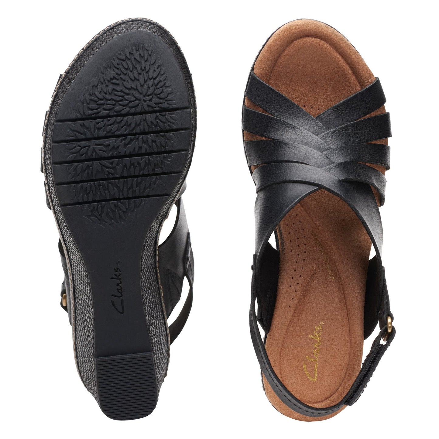 Clarks Elleri Grace 26171531 Womens Black Leather Strap Wedges Sandals Shoes
