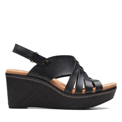 Clarks Elleri Grace 26171531 Womens Black Leather Strap Wedges Sandals Shoes