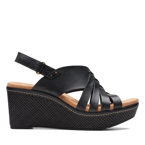 Clarks Elleri Grace 26171531 Womens Black Leather Strap Wedges Sandals Shoes