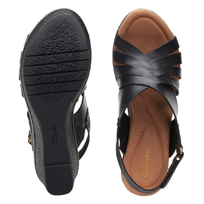 Clarks Elleri Grace 26171531 Womens Black Leather Strap Wedges Sandals Shoes