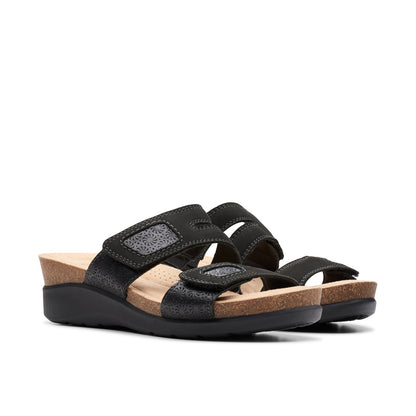 Clarks Calenne Maye 26177042 Womens Black Leather Strap Wedges Sandals Shoes