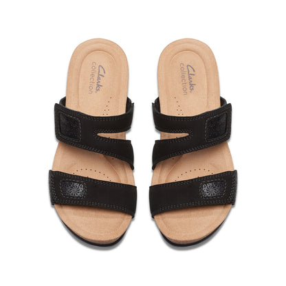 Clarks Calenne Maye 26177042 Womens Black Leather Strap Wedges Sandals Shoes