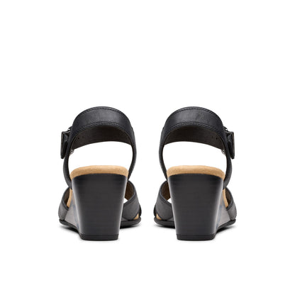 Clarks Emmalae Iris 26181664 Womens Black Wide Leather Wedges Heels Shoes