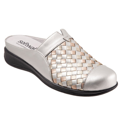 Softwalk San Marcos Woven S1366-015 Womens Silver Leather Mule Flats Shoes