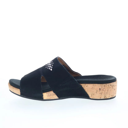 Spenco Passport Wedge SP1158BLK Womens Black Leather Slides Sandals Shoes