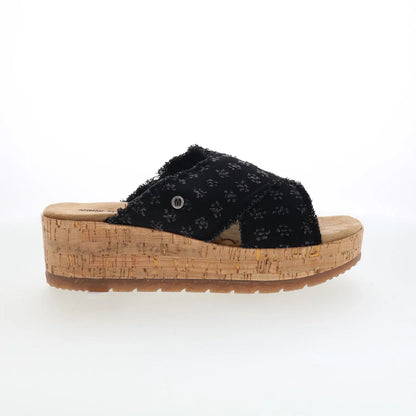Minnetonka Posey 563029 Womens Black Canvas Slip On Wedges Sandals Shoes