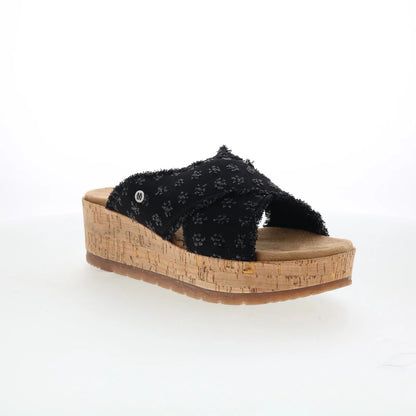 Minnetonka Posey 563029 Womens Black Canvas Slip On Wedges Sandals Shoes