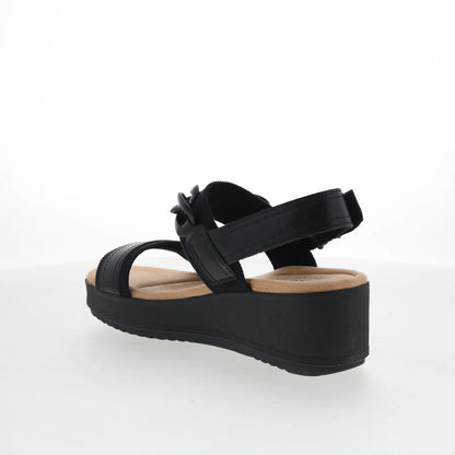 Clarks Wrenly Eve 26182085 Womens Black Leather Strap Wedges Sandals Shoes